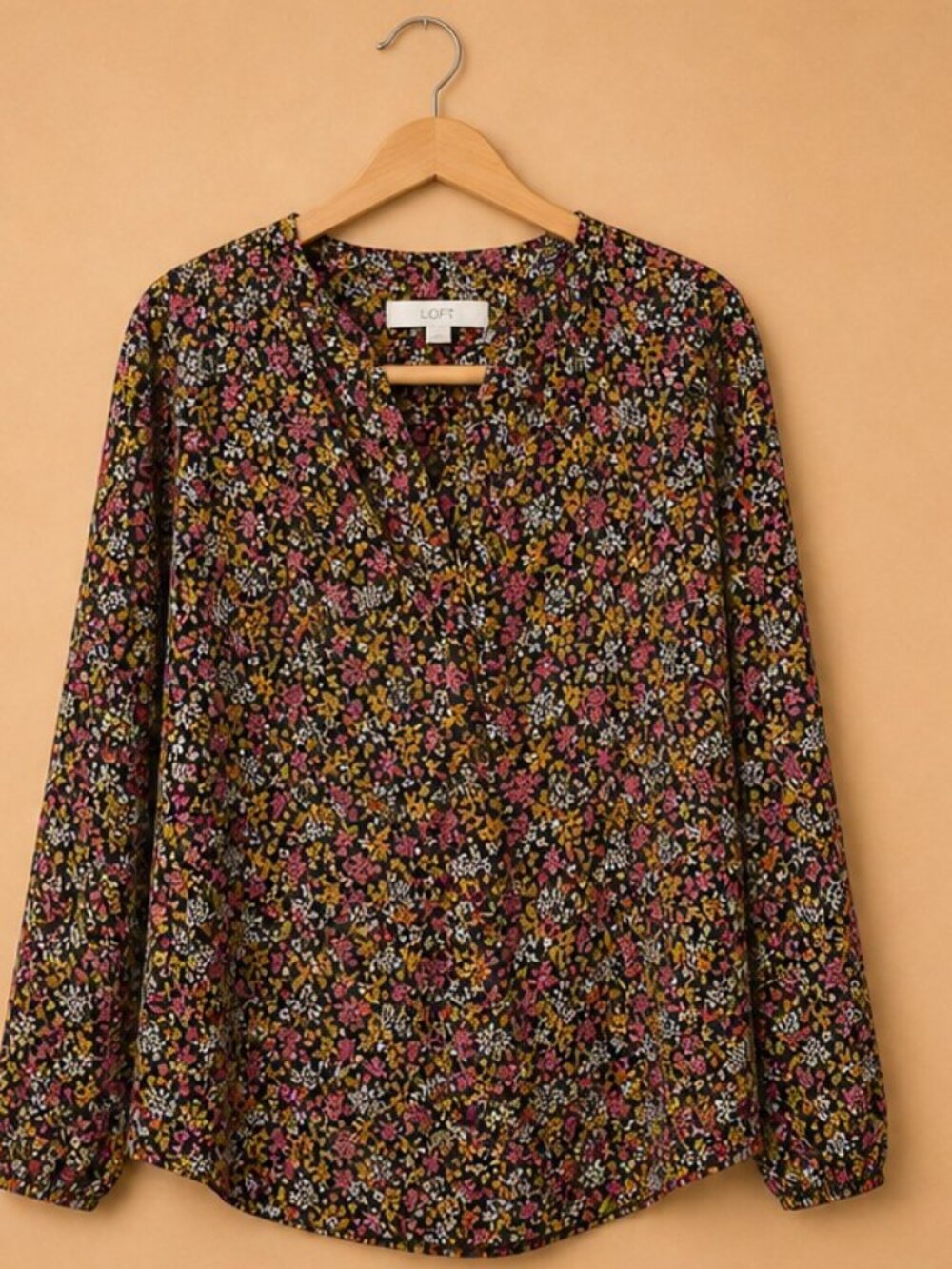 LOFT Floral Blouse Size M Black Pink Yellow Boho Chic Lightweight Top